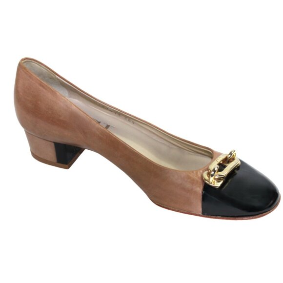 AGL Attilio Giusti Leombruni Taupe Black Cap Toe Buckle Leather Flats, Size 36.5 - Picture 3 of 9